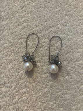 Express Silver-Tone Pearl Drop Earrings with Clear Crystal Accents